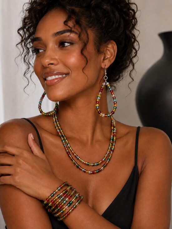 GVR Designs Jewelry - Artisan Multicolor Beaded Hoop Earrings and Layered Necklace Set - Women Jewelry
